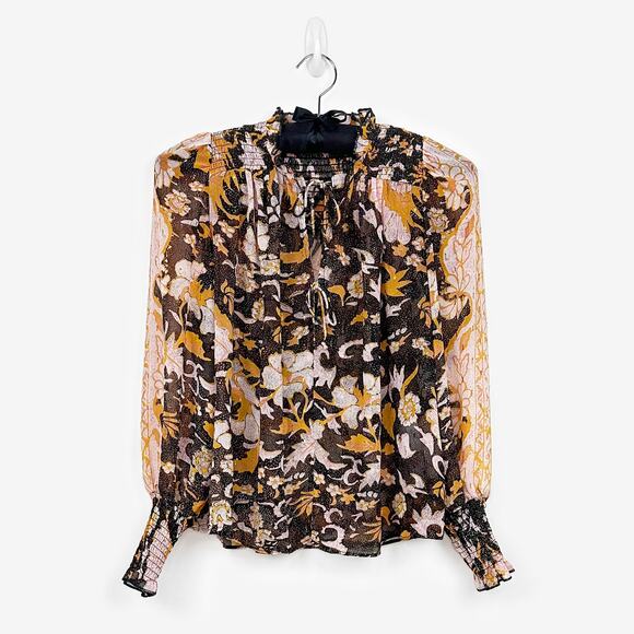O.P.T Floral Blouse Extra Small Peasant Top Flowy Semi-Sheer Romantic Dark Boho - Picture 1 of 2